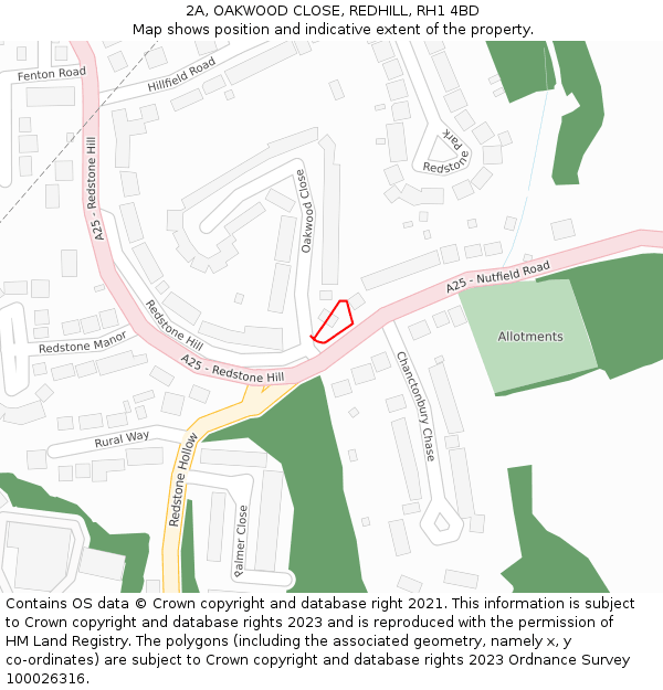 2A, OAKWOOD CLOSE, REDHILL, RH1 4BD: Location map and indicative extent of plot