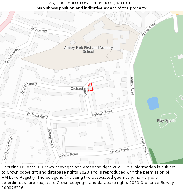 2A, ORCHARD CLOSE, PERSHORE, WR10 1LE: Location map and indicative extent of plot
