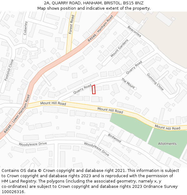 2A, QUARRY ROAD, HANHAM, BRISTOL, BS15 8NZ: Location map and indicative extent of plot