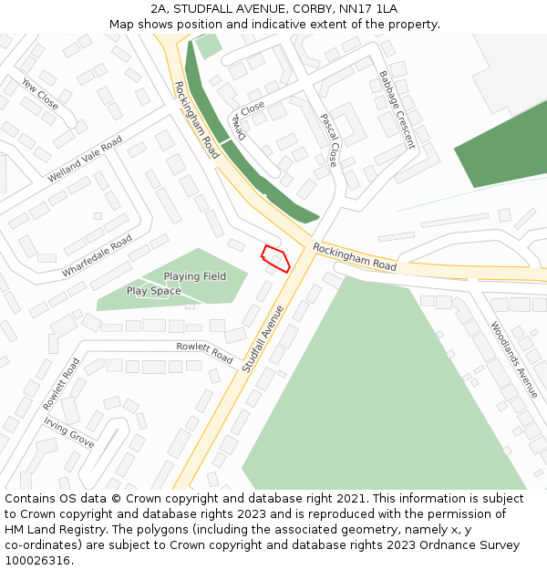 2A, STUDFALL AVENUE, CORBY, NN17 1LA: Location map and indicative extent of plot