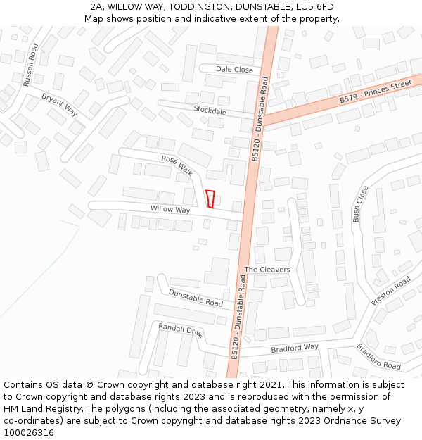 2A, WILLOW WAY, TODDINGTON, DUNSTABLE, LU5 6FD: Location map and indicative extent of plot