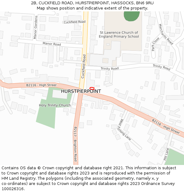 2B, CUCKFIELD ROAD, HURSTPIERPOINT, HASSOCKS, BN6 9RU: Location map and indicative extent of plot