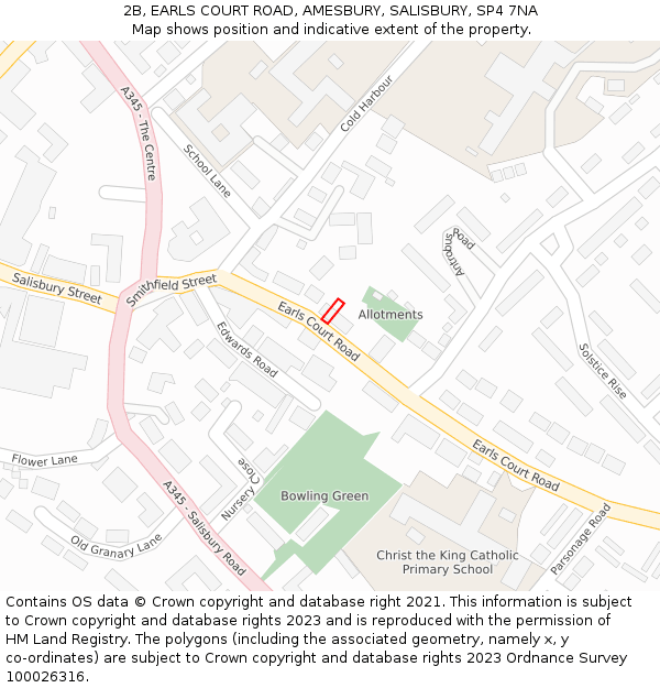 2B, EARLS COURT ROAD, AMESBURY, SALISBURY, SP4 7NA: Location map and indicative extent of plot