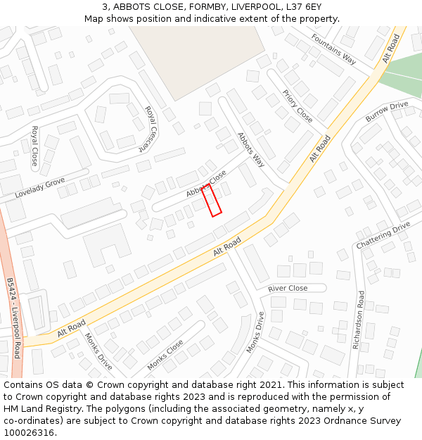 3, ABBOTS CLOSE, FORMBY, LIVERPOOL, L37 6EY: Location map and indicative extent of plot