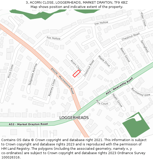 3, ACORN CLOSE, LOGGERHEADS, MARKET DRAYTON, TF9 4BZ: Location map and indicative extent of plot