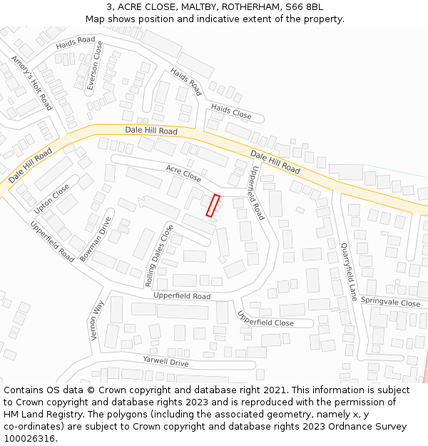 3, ACRE CLOSE, MALTBY, ROTHERHAM, S66 8BL: Location map and indicative extent of plot