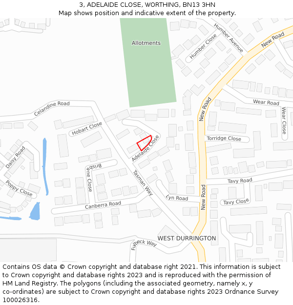 3, ADELAIDE CLOSE, WORTHING, BN13 3HN: Location map and indicative extent of plot