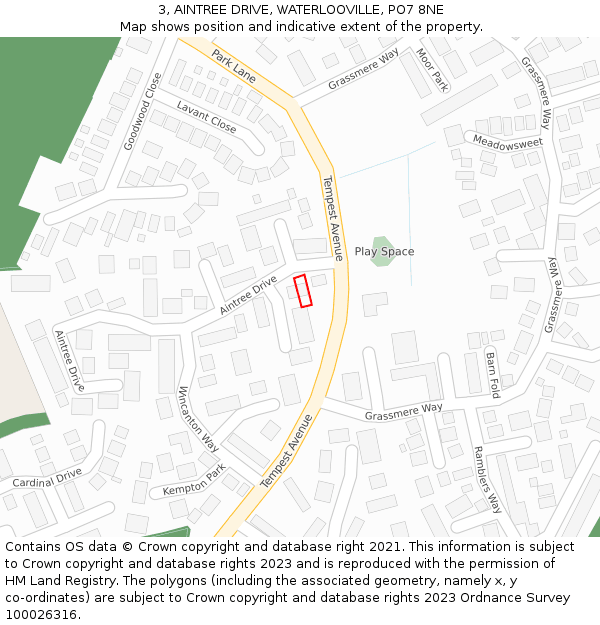 3, AINTREE DRIVE, WATERLOOVILLE, PO7 8NE: Location map and indicative extent of plot