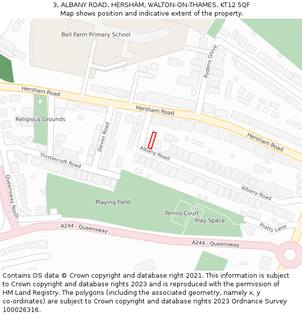 3, ALBANY ROAD, HERSHAM, WALTON-ON-THAMES, KT12 5QF: Location map and indicative extent of plot