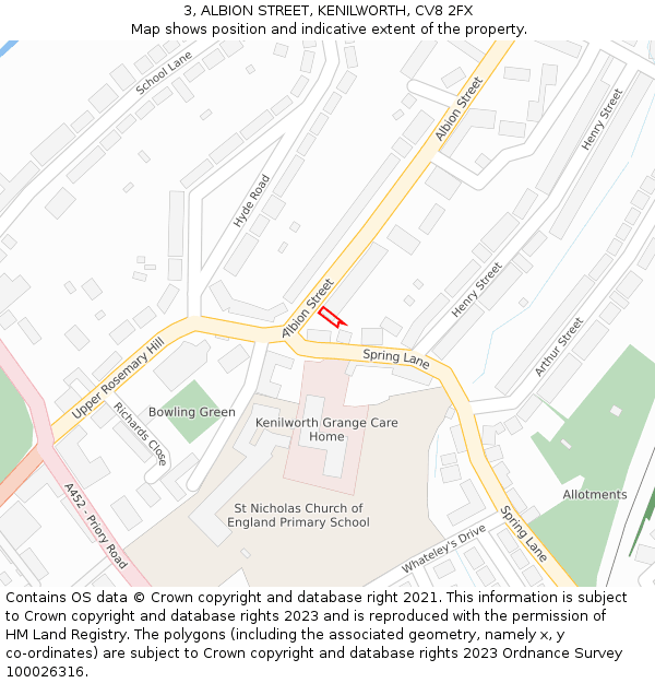 3, ALBION STREET, KENILWORTH, CV8 2FX: Location map and indicative extent of plot