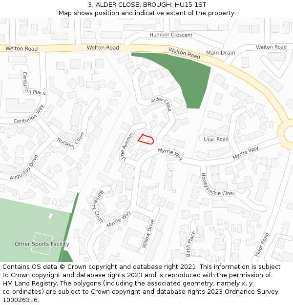 3, ALDER CLOSE, BROUGH, HU15 1ST: Location map and indicative extent of plot