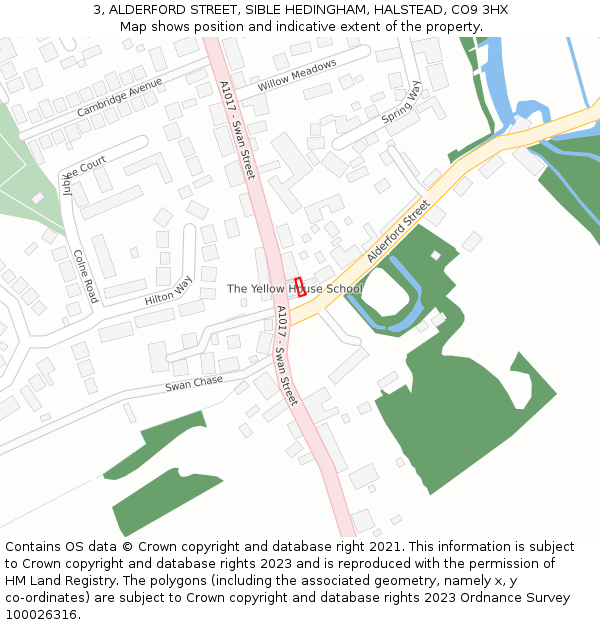 3, ALDERFORD STREET, SIBLE HEDINGHAM, HALSTEAD, CO9 3HX: Location map and indicative extent of plot