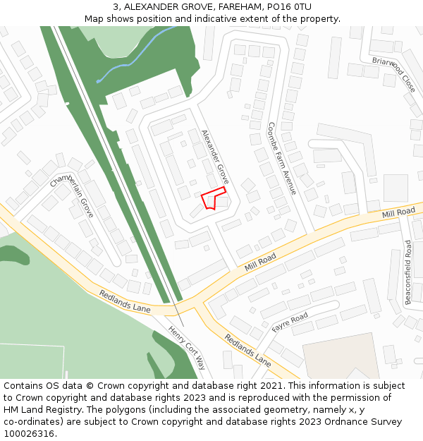 3, ALEXANDER GROVE, FAREHAM, PO16 0TU: Location map and indicative extent of plot