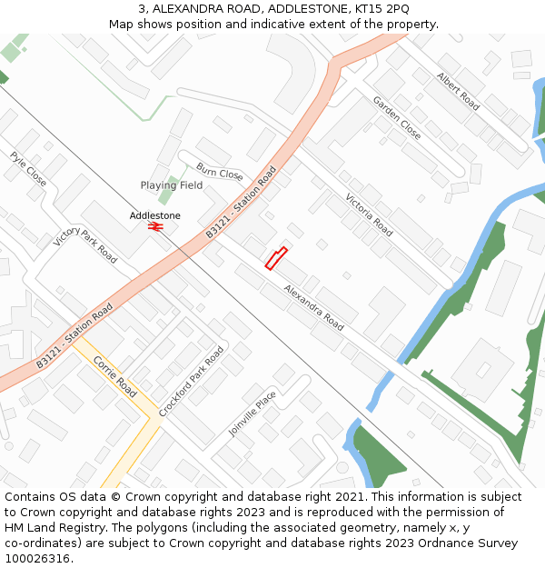 3, ALEXANDRA ROAD, ADDLESTONE, KT15 2PQ: Location map and indicative extent of plot