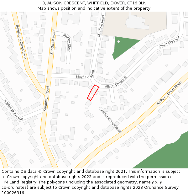 3, ALISON CRESCENT, WHITFIELD, DOVER, CT16 3LN: Location map and indicative extent of plot