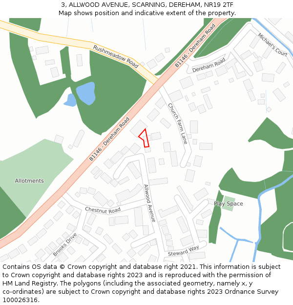 3, ALLWOOD AVENUE, SCARNING, DEREHAM, NR19 2TF: Location map and indicative extent of plot