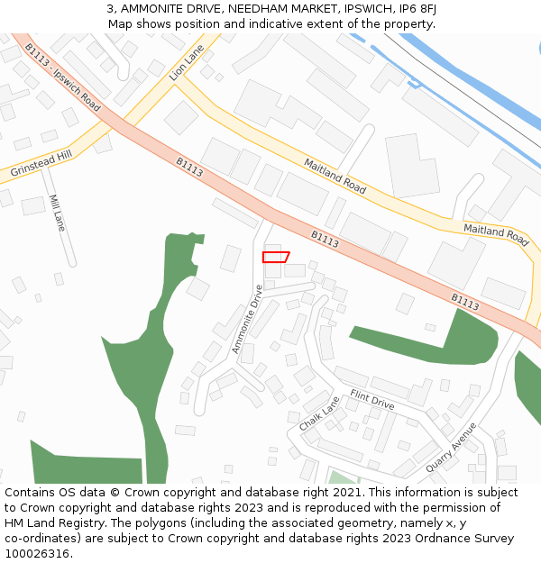 3, AMMONITE DRIVE, NEEDHAM MARKET, IPSWICH, IP6 8FJ: Location map and indicative extent of plot