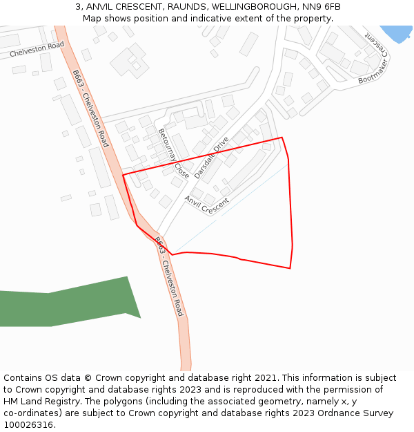 3, ANVIL CRESCENT, RAUNDS, WELLINGBOROUGH, NN9 6FB: Location map and indicative extent of plot