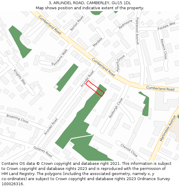 3, ARUNDEL ROAD, CAMBERLEY, GU15 1DL: Location map and indicative extent of plot