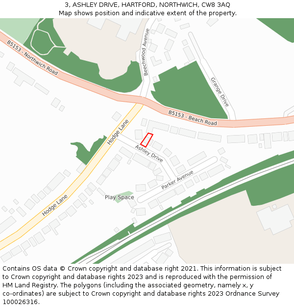 3, ASHLEY DRIVE, HARTFORD, NORTHWICH, CW8 3AQ: Location map and indicative extent of plot