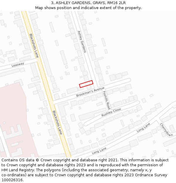 3, ASHLEY GARDENS, GRAYS, RM16 2LR: Location map and indicative extent of plot