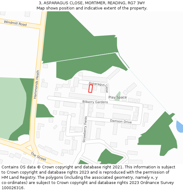 3, ASPARAGUS CLOSE, MORTIMER, READING, RG7 3WY: Location map and indicative extent of plot
