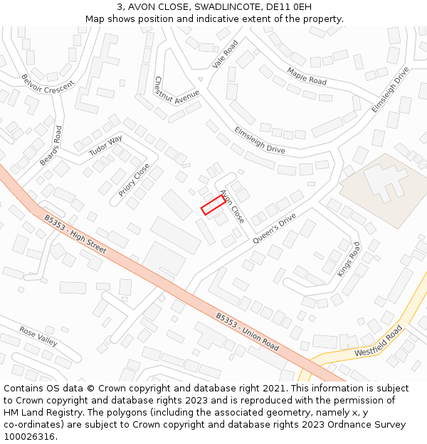 3, AVON CLOSE, SWADLINCOTE, DE11 0EH: Location map and indicative extent of plot