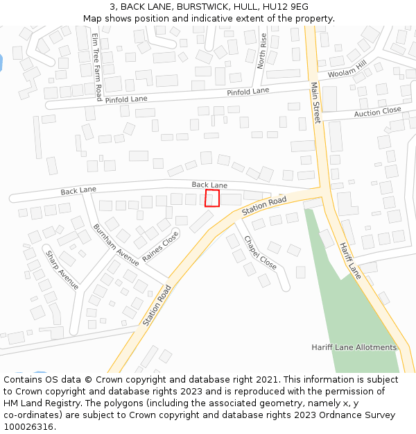 3, BACK LANE, BURSTWICK, HULL, HU12 9EG: Location map and indicative extent of plot