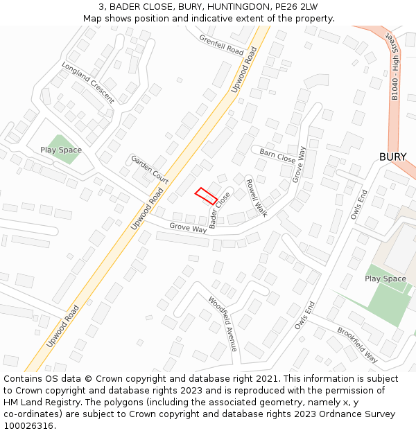3, BADER CLOSE, BURY, HUNTINGDON, PE26 2LW: Location map and indicative extent of plot