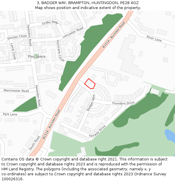 3, BADGER WAY, BRAMPTON, HUNTINGDON, PE28 4GZ: Location map and indicative extent of plot