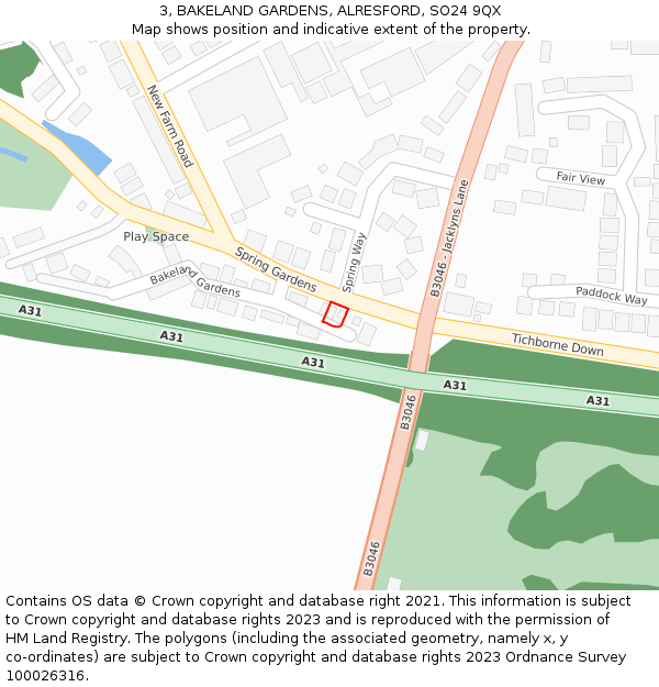 3, BAKELAND GARDENS, ALRESFORD, SO24 9QX: Location map and indicative extent of plot