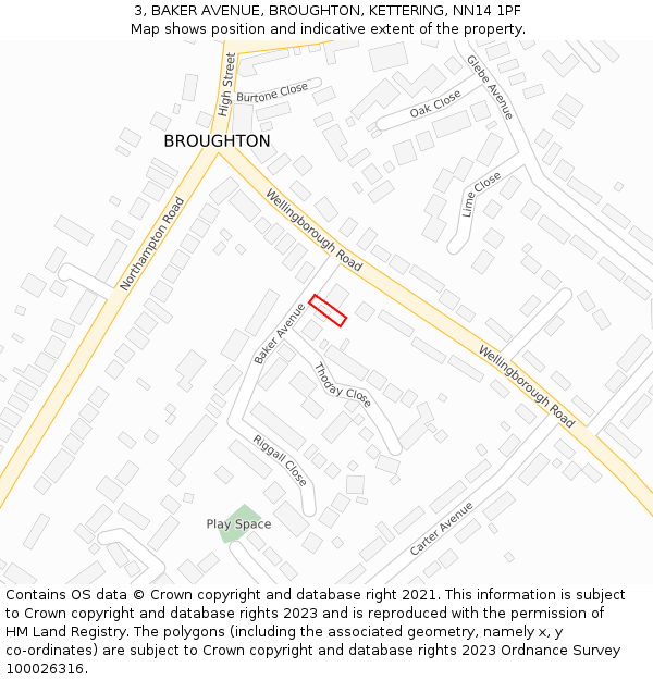 3, BAKER AVENUE, BROUGHTON, KETTERING, NN14 1PF: Location map and indicative extent of plot