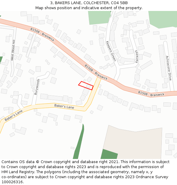 3, BAKERS LANE, COLCHESTER, CO4 5BB: Location map and indicative extent of plot