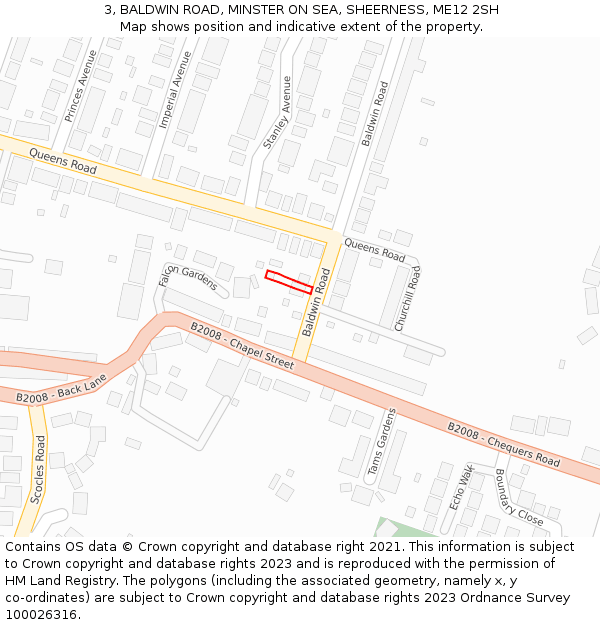 3, BALDWIN ROAD, MINSTER ON SEA, SHEERNESS, ME12 2SH: Location map and indicative extent of plot