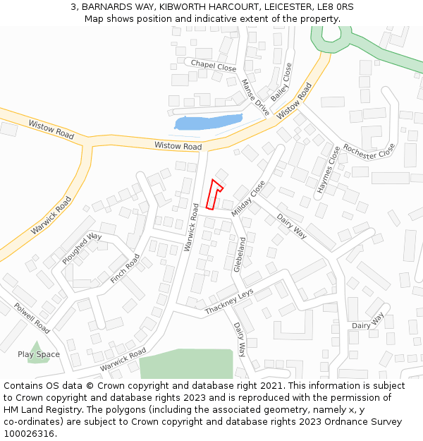 3, BARNARDS WAY, KIBWORTH HARCOURT, LEICESTER, LE8 0RS: Location map and indicative extent of plot