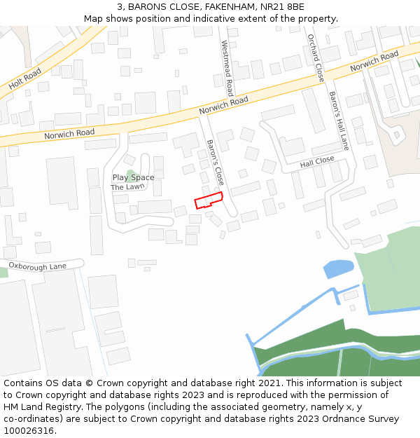 3, BARONS CLOSE, FAKENHAM, NR21 8BE: Location map and indicative extent of plot