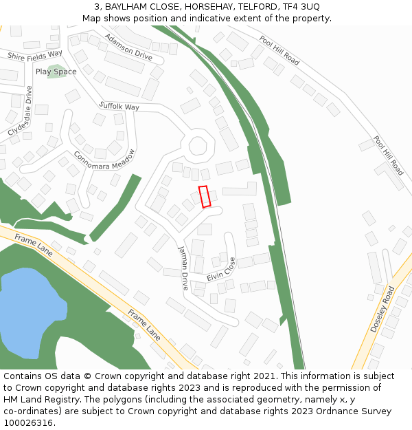 3, BAYLHAM CLOSE, HORSEHAY, TELFORD, TF4 3UQ: Location map and indicative extent of plot