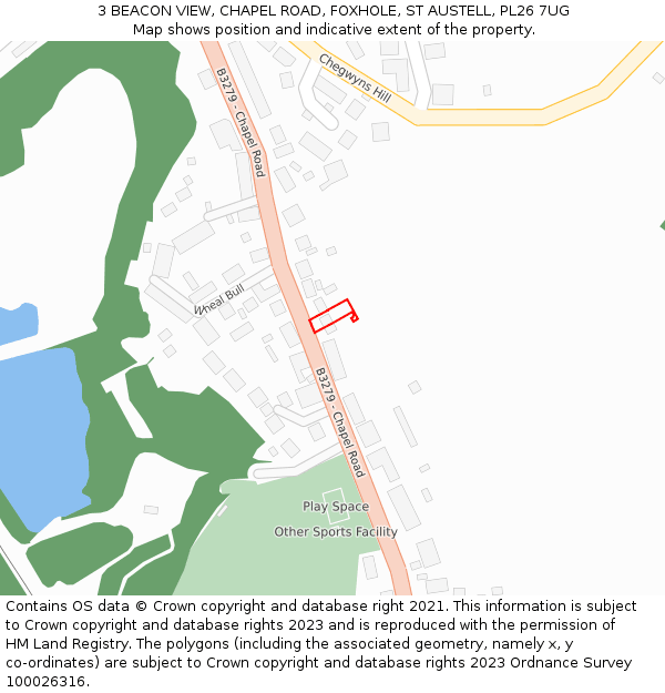 3 BEACON VIEW, CHAPEL ROAD, FOXHOLE, ST AUSTELL, PL26 7UG: Location map and indicative extent of plot