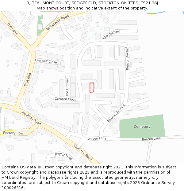 3, BEAUMONT COURT, SEDGEFIELD, STOCKTON-ON-TEES, TS21 3AJ: Location map and indicative extent of plot