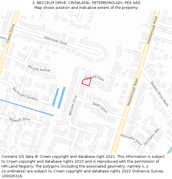 3, BECCELM DRIVE, CROWLAND, PETERBOROUGH, PE6 0AG: Location map and indicative extent of plot