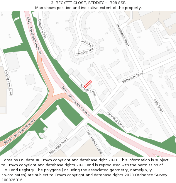 3, BECKETT CLOSE, REDDITCH, B98 8SR: Location map and indicative extent of plot