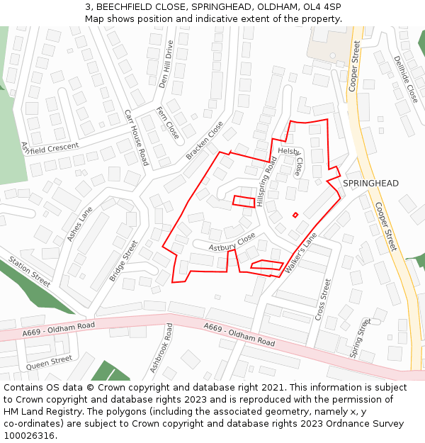 3, BEECHFIELD CLOSE, SPRINGHEAD, OLDHAM, OL4 4SP: Location map and indicative extent of plot