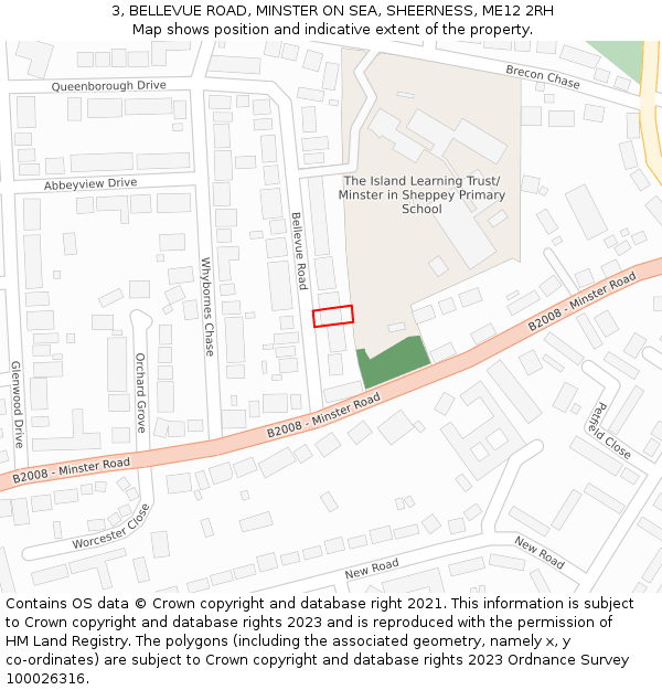 3, BELLEVUE ROAD, MINSTER ON SEA, SHEERNESS, ME12 2RH: Location map and indicative extent of plot