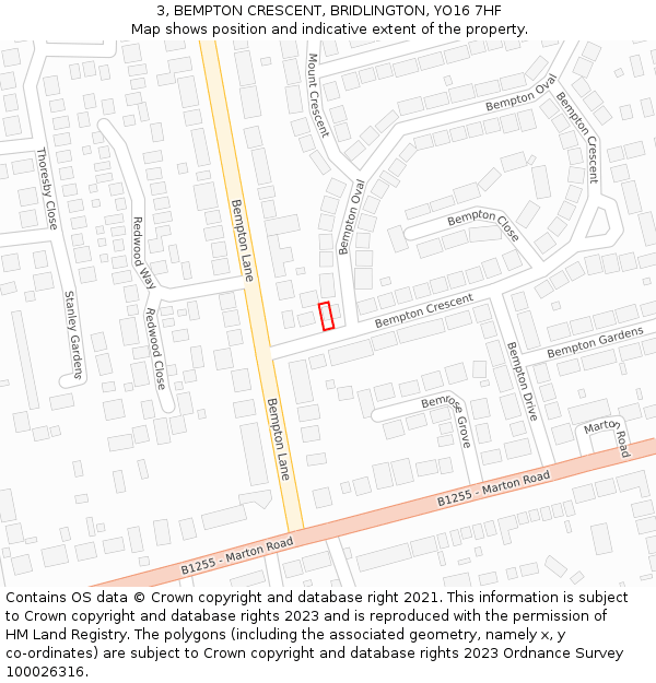 3, BEMPTON CRESCENT, BRIDLINGTON, YO16 7HF: Location map and indicative extent of plot