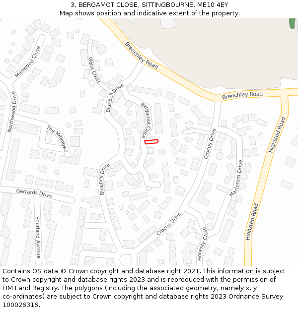 3, BERGAMOT CLOSE, SITTINGBOURNE, ME10 4EY: Location map and indicative extent of plot