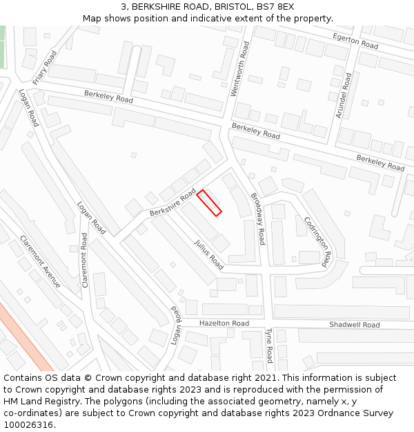 3, BERKSHIRE ROAD, BRISTOL, BS7 8EX: Location map and indicative extent of plot