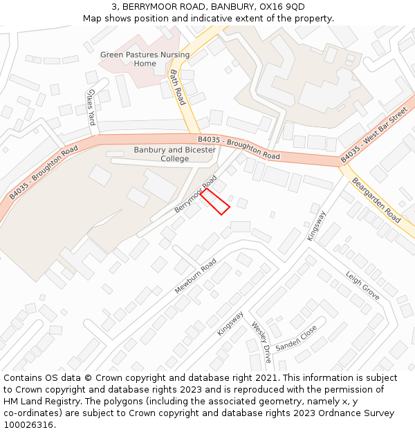 3, BERRYMOOR ROAD, BANBURY, OX16 9QD: Location map and indicative extent of plot