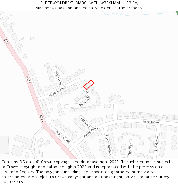 3, BERWYN DRIVE, MARCHWIEL, WREXHAM, LL13 0AJ: Location map and indicative extent of plot