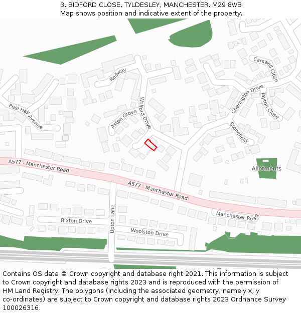 3, BIDFORD CLOSE, TYLDESLEY, MANCHESTER, M29 8WB: Location map and indicative extent of plot