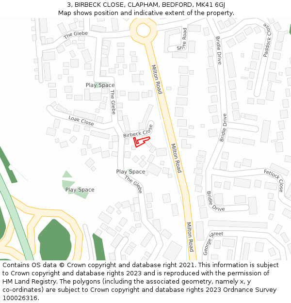 3, BIRBECK CLOSE, CLAPHAM, BEDFORD, MK41 6GJ: Location map and indicative extent of plot